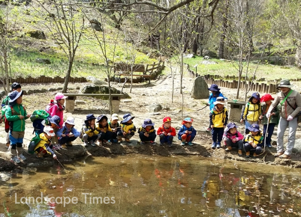 강원도 강릉 대관령자연휴양림에서 유아숲지도사가 어린이들에게 숲에 대한 교육과 체험을 진행 중이다. [사진제공 국립자연휴양림관리소]