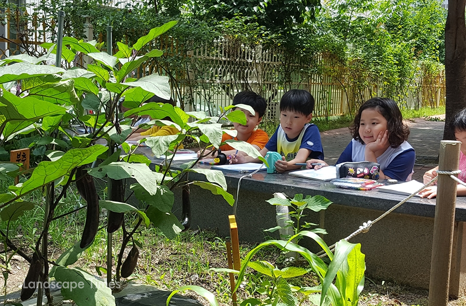 들안길초등학교 학생들이 학교농장에서 자라는 채소들을 관찰하고 있다.    [사진제공 들안길초교]