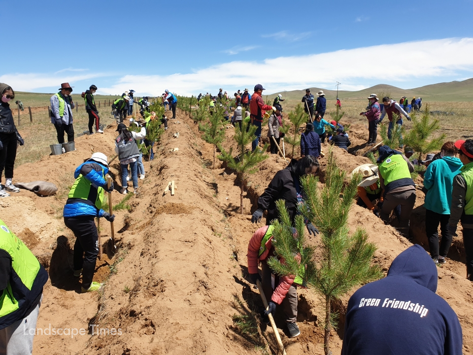 지난 6월 수원시·아주대·휴먼몽골사업단 관계자, 몽골 현지 관계자들이 수원시민의 숲에 나무를 심고 있다. ⓒ수원시