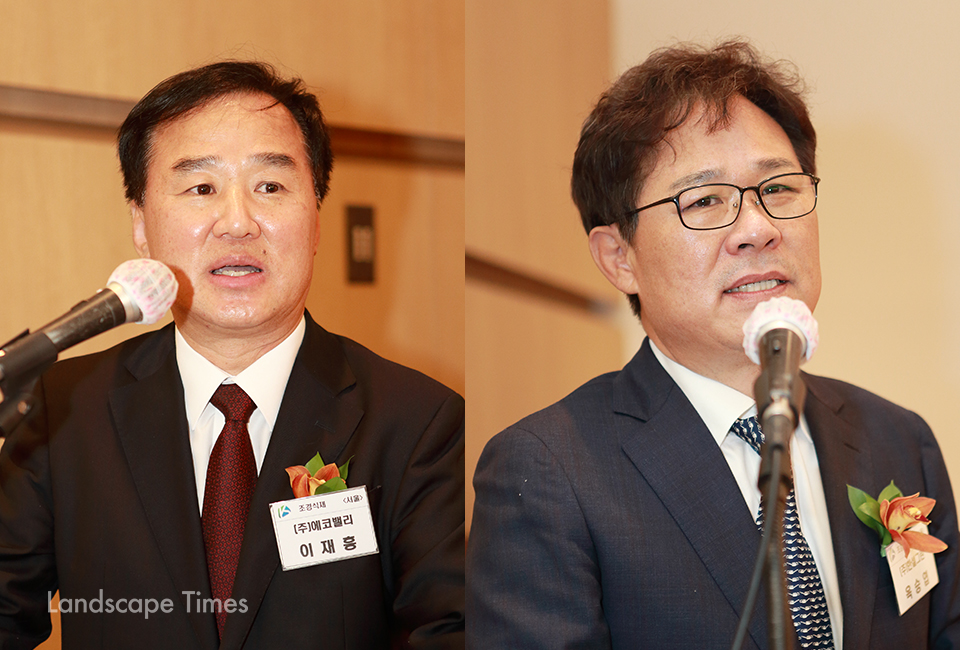 이재흥(좌측), 옥승엽 제12대 전문건설 조경협의회장  ⓒ지재호 기자