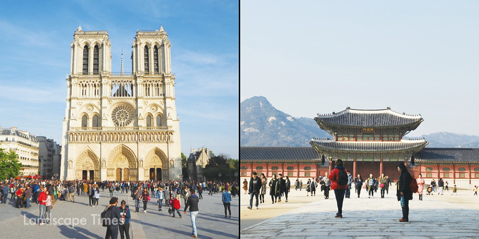 (좌측) 파리 노틀담 성당 ⓒ플리커 (우측) 경복궁 흥례문과 북악산의 조화 ⓒ신지선
