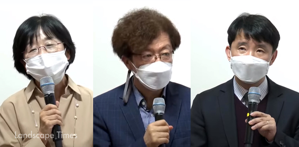 (좌측부터) 박소현 AURI원장, 조경진 한국조경학회장, 엄정희 국토부 건축정책관 (온라인 캡처)