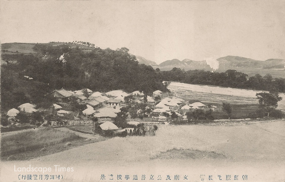1910년대 추정 사진. 장기읍성 밖 향교와 우측으로 장기숲이 보인다.