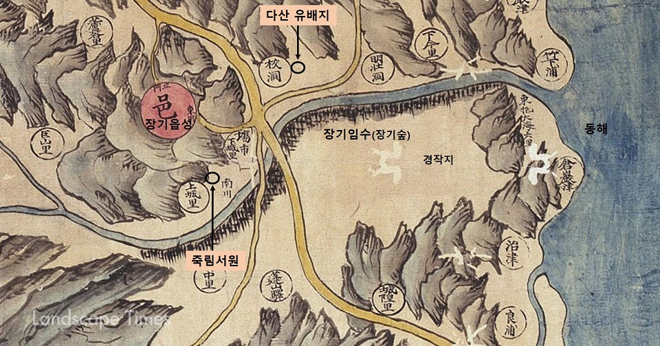 1872년 장기현 지도. 장기천을 따라 숲이 그려져 있다. 다산이 거닐며 시를 짓던 장기숲이다.  ⓒ규장각 한국학연구원