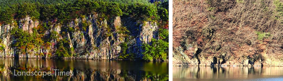 왼쪽: 화순의 창랑적벽의 단애취벽(출처 : 화순투어), 오른쪽: 광교 저수지 단애취벽