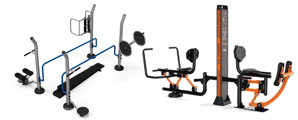 앨덜리 피트니스 운동기구인 밸런스 스테이션(좌)과 자기체중 저항운동기구 로잉머신/레그프레스