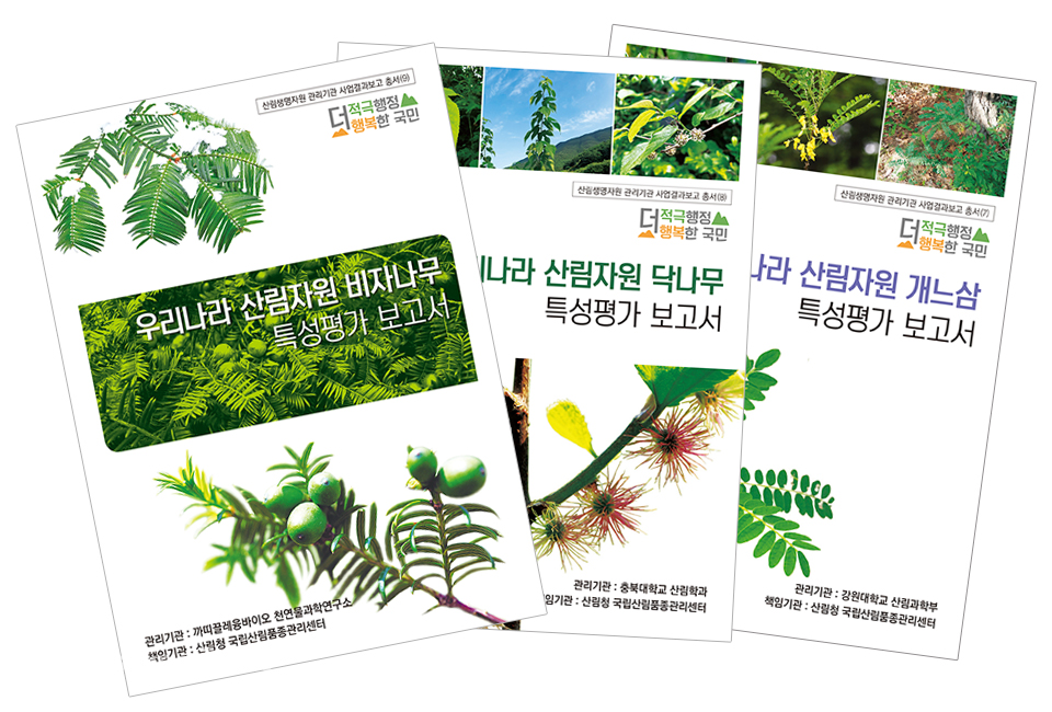 (왼쪽부터) 국내 비자나무, 닥나무, 개느삼 특성평가 보고서    ⓒ산림품종관리센터