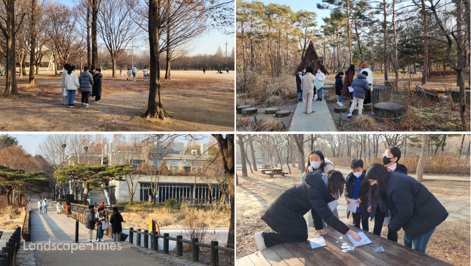 어린이조경학교에 참여한 학생들이 교사들과 함께 서울숲을 탐방하고 있다.