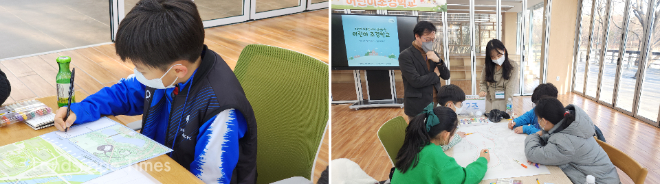 '서울숲' 탐방 후 공원의 개선사항을 기록하는 어린이 학생(왼쪽) 열띤 토론을 통해 공원 조경설계도를 작성하고 있다.