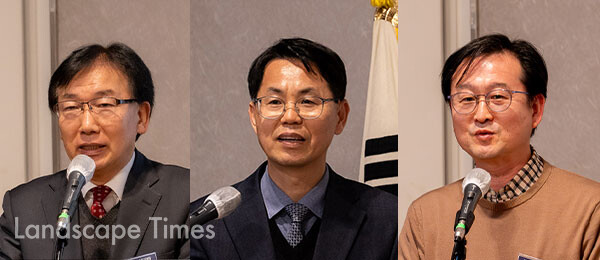 (좌측부터)김형선 한국건설기술인협회 조경기술인회 회장, 한갑수 한국전통조경학회 회장, 주신하 환경조경나눔연구원 원장